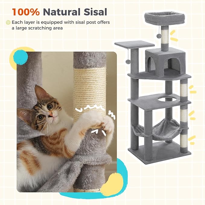 PEQULTI 56.3'' Cat Tree for Indoor Cats, Multi-Level Cat Tower with 2 Top Perch. Cat Condo, Hammock and Sisal-Covered Scratching Post, Grey