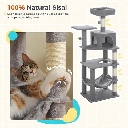 PEQULTI 56.3'' Cat Tree for Indoor Cats, Multi-Level Cat Tower with 2 Top Perch. Cat Condo, Hammock and Sisal-Covered Scratching Post, Grey