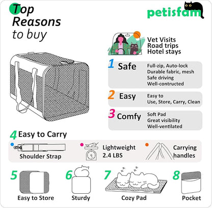 petisfam Easy Load Pet Carrier Bag for Medium and Large Cats with Durable Double-Thickness Fabric and Stable Structure. Black w/Green Trim, L
