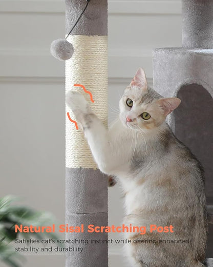 XL Cat Tower 44" Cat Tree for Large Cats 20 lbs+, 2 Spacious Condos with 3.4" Thickened Scratching Post, Large Top Perch, 2 Interactive Toys, Grey