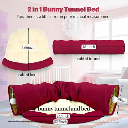 BWOGUE Bunny Tunnel Bed, 2-in-1 Collapsible Tunnel Tubes Toys with Removable Mat Hideout for Cats Kittens Rabbits Guinea Pigs Kitty