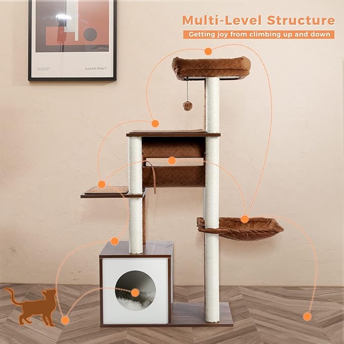 PEQULTI 51.4 Inches Modern Cat Tree Premium 6 Levels Wooden Cat Tower with Fully Sisal Covered Scratching Posts, Cozy Condo, Spacious Perch, Super Large Hammock and Swing Tunnel for Indoor Cats Brown