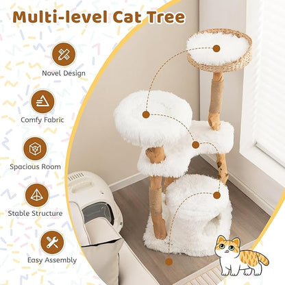 Tangkula Cat Tree Tower, Solid Wood Modern Cat Tower with Top Cattail Basket Bed, Side Perch, Large Platform & Condo, Cute Cat Tree with Scratching Posts for Indoor Cats Large Adult