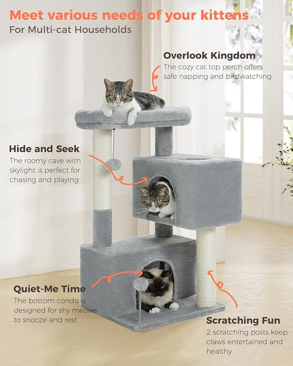 32" Cat Tree Tower for Indoor Cats - 2 Cozy Condos, Multi-Level Cat Scratching Posts with Sisal, Soft Padded Perch, 2 Dangling Toys, Light Grey