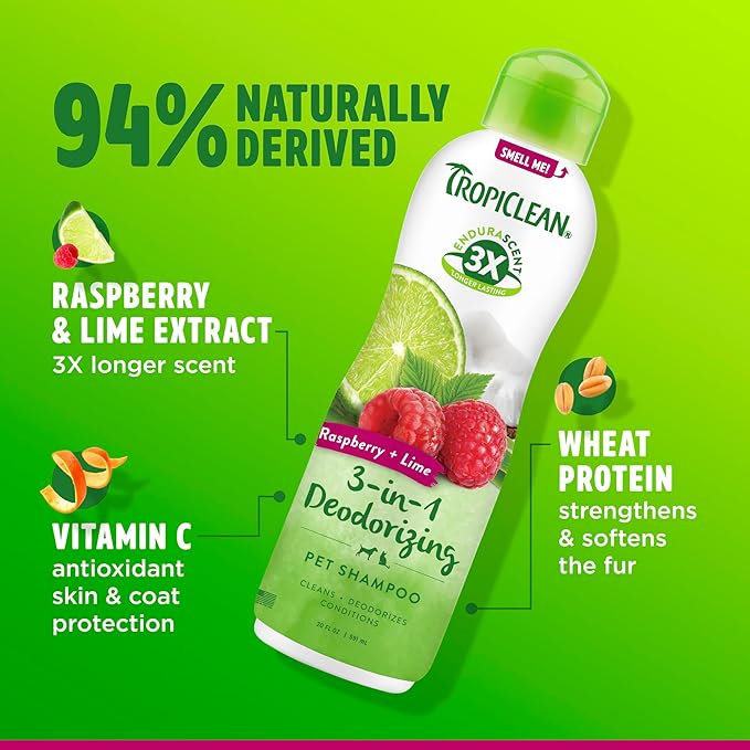 TropiClean Deodorizing Dog Shampoo, Powerful Odor Control, Long-Lasting Raspberry Lime Scent, Puppy Safe, Made in The USA, Cat Friendly, 20oz.
