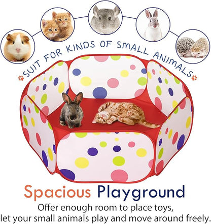 Pawaboo Small Animals Playpen, Waterproof Small Pet Cage Tent with Strong Steel Wire Frame, Portable Outdoor Yard Fence for Chick/Kitten/Puppy/Guinea Pig/Rabbits/Hamster/Chinchillas, Red + Polka Dots