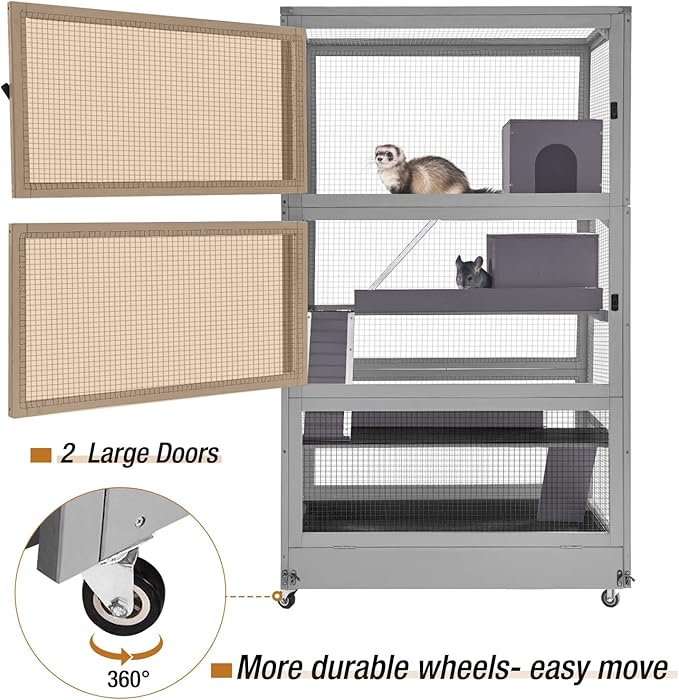 GUTINNEEN Ferret Cage Chinchilla House Large 4 Levels Critter Nation Cage Perfect for Ferret,Chinchilla, Rat, Squirrel, Lizard and Other Small Animal,Upgrade Anti-Chewing (Grey)