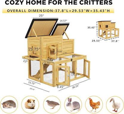 Large Wooden Bunny Rabbit Hutch Indoor Outdoor,Medium Elevated Chicken Coop for 2-4 Chickens,Poultry Pet Run Cage with Non-Slip Ramp & Removable Tray for Small-Medium Animals (Natural Wood)