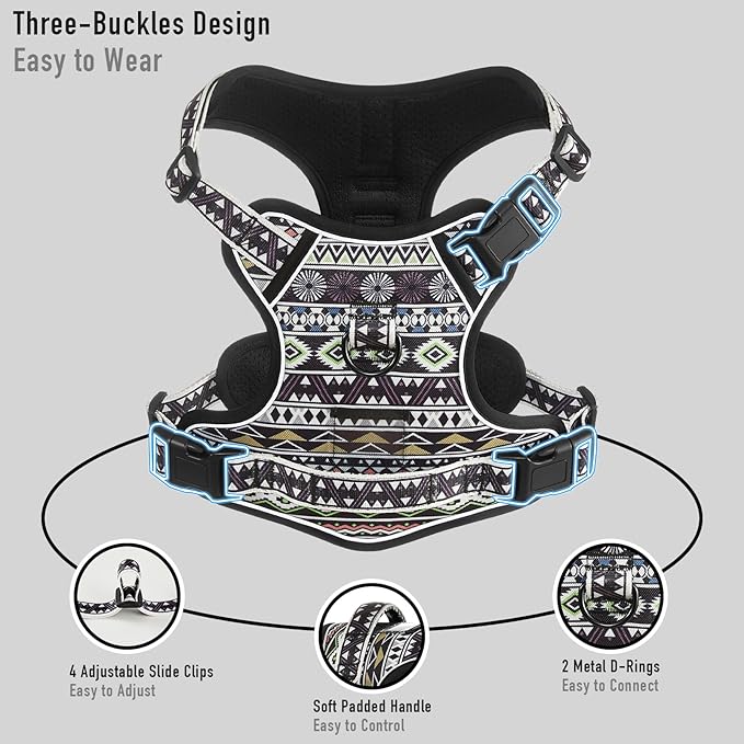Black Dog Harness for X-Large Dog Breeds, Easy on Easy Off Vest, No Pull Adjustable Pet Harness with Handle, Reflective Dog Vest for Walking Hiking Training, Black Ethnic, XL
