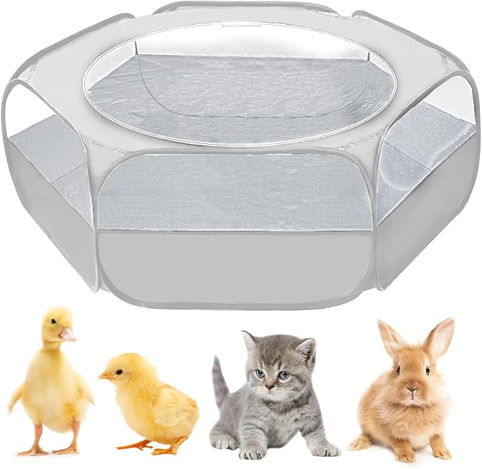UWE Small Animal Playpen, Chicken Brooder Box with Cover Top, Portable Outdoor Exercise Pet Cage Tent, Waterproof Breathable Pet playpen Indoor for Chick Ktiien Bunny Hamster Guinea Pig, Grey