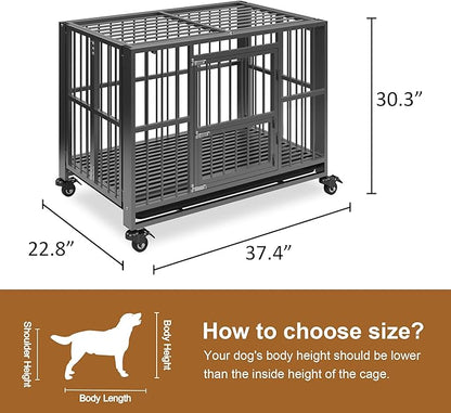 Polar Aurora Heavy Duty Dog Crate, Foldable Indestructible Dog Kennel, Escape Proof Extra Large Dog Cage with Lockable Wheels, High Anxiety Pet Playpen with Double Door for Indoor/Outdoor Use. (38in)