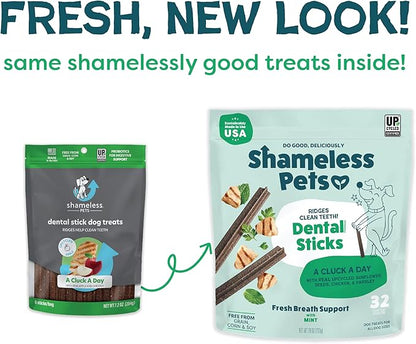 Shameless Pets Dental Treats for Dogs, A Cluck A Day (32 Sticks) - Supports Digestion for Teeth Cleaning & Fresh Breath - Dog Bones Dental Chews Free from Grain, Corn & Soy
