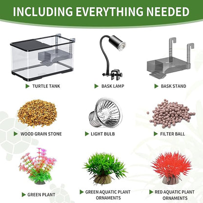 (Tank + Light + Filter Balls) Turtle Tank Kit, Turtle Tank Starter Kit,Bottom Drainage, Multi-Function Areas for Turtles, Crabs,Fishes, Amphibians,Reptiles. (15.75 x 8.64 x 8.64 Inch)