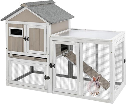 46.5" L Rabbit Hutch Indoor Outdoor Rabbit Cage with Run, Pull Out Tray, Asphalt Roof Large 2 Story Bunny Hutch Wooden Chicken Coop Guinea Pigs Pet House Cage for Small Animals,Grey