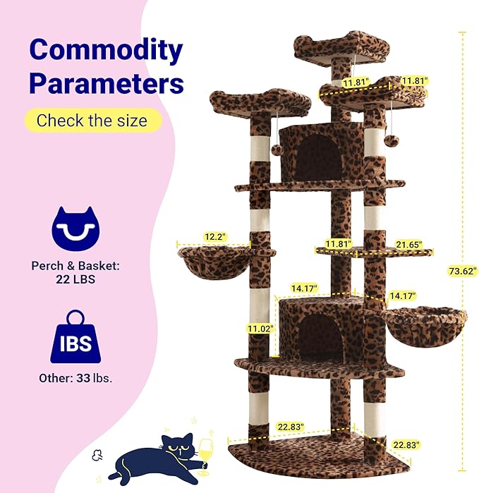 Allewie 73in Fan-Shaped Space-Saving Corner Cat Tower/Multi-Level Tall Cat Tree for Indoor Kitties/Cozy Baskets/Condos/House/Perches/Sisal Scratching Posts/Pet Activity Center/Leopard Print
