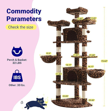 Allewie 73in Fan-Shaped Space-Saving Corner Cat Tower/Multi-Level Tall Cat Tree for Indoor Kitties/Cozy Baskets/Condos/House/Perches/Sisal Scratching Posts/Pet Activity Center/Leopard Print
