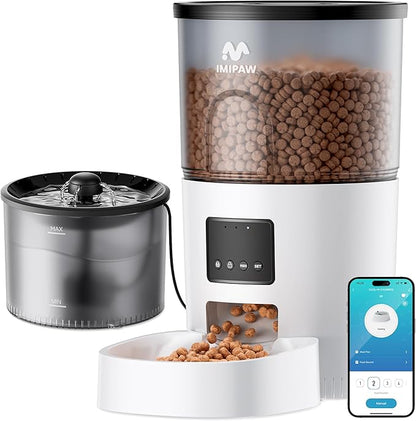 WiFi Automatic Cat Feeder and Water Dispenser, Timed Dry Food Dispenser APP Remote Control, Programmable Portions, Cat Fountains for Drinking with Filter, Small Pets (3L Combo)