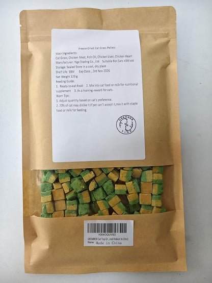 Cat Toy Grass Treats Freeze Dried 2 in 1 120g Fish Oil Chicken Cats Chew Grass Pellet Kitten Catnip for Hairball Removal Kitty Bite Snack for Cleaning Teeth Kitten Dental Food Indoor (4.23oz)