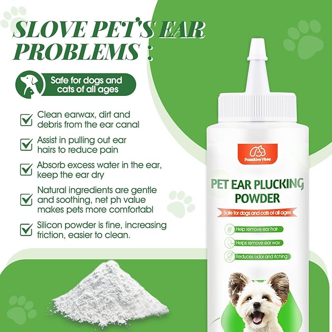 Dog Ear Powder Set, Dog Ear Powder for Hair Removal 30g , 5.5 Inch Hemostat and Dog Clippers for Grooming, Dog Ear Infection Treatment ，Removing Earwax and Odour，Relief of Itching（greener 3pcs)