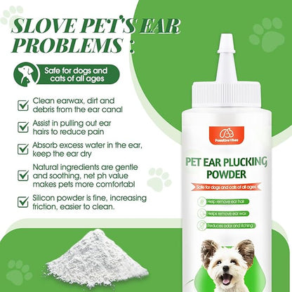 Dog Ear Powder Set, Dog Ear Powder for Hair Removal 30g , 5.5 Inch Hemostat and Dog Clippers for Grooming, Dog Ear Infection Treatment ，Removing Earwax and Odour，Relief of Itching（greener 3pcs)