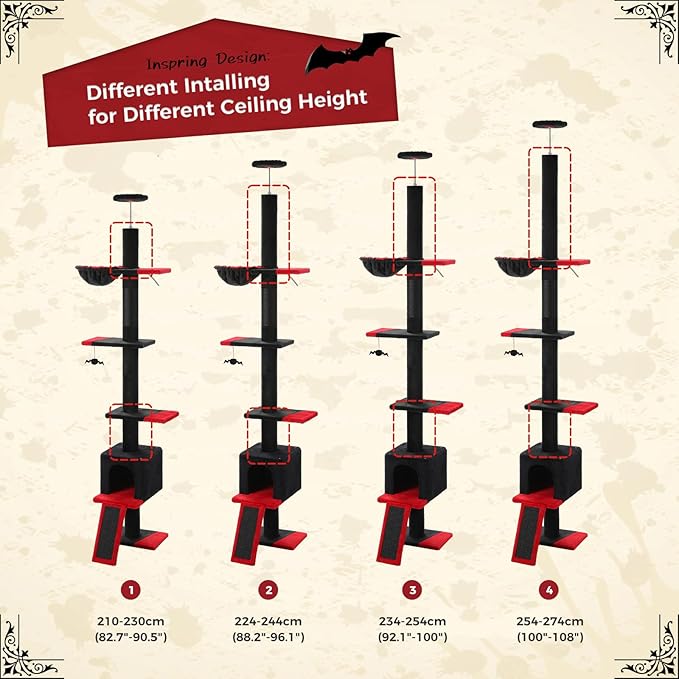 PETEPELA Floor to Ceiling Cat Tree[83"-108"], Cat Tower 5 Levels, Height Adjustable, Cat Scratching Post with Top Perches and Spacious Condo for Large Indoor Cats, Black