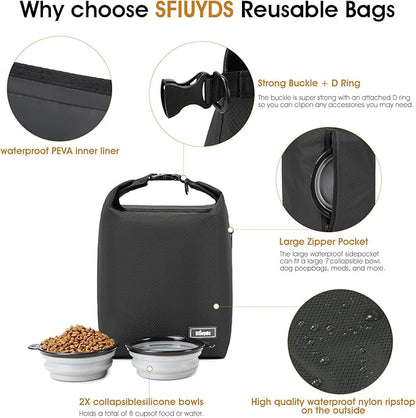 Pet Food Storage Bag，Dog Food Travel Bag with 2PCS Collapsible Dog Travel Bowls,Waterproof Kibble Storage Container for Road Trips, Camping (Black, Small)