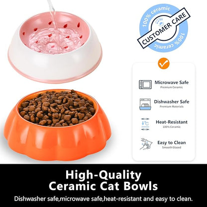 LOLYKITCH Ceramic Cat Food Bowl Set - 6 Inch Wide Shallow Bowls for Whisker Relief, Colorful & Cute - Microwave & Dishwasher Safe