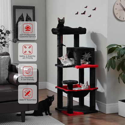 PEQULTI 45.7'' Gothic Cat Tree for Indoor Cats with Metal Frame Big Hammock, Cat Tower for Small or Medium Cats with Cat Condo House, with Scratching Posts and Top Perch, Black