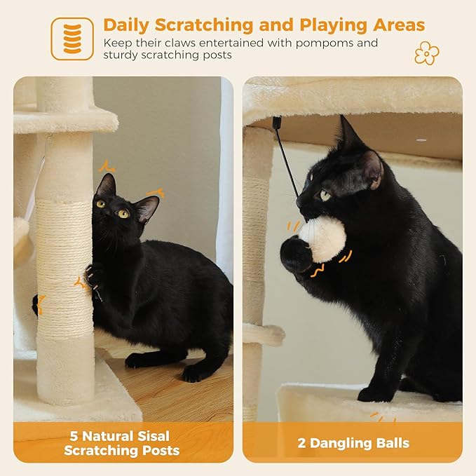 Tall Cat Tree for Indoor Cats Large Adult, 71.2" Multi-Level Cat Tower with 2 Spacious Condos, 3 Hammocks, Super Large Top Perch, 2 Pompoms, Beige