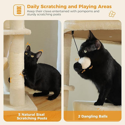 Tall Cat Tree for Indoor Cats Large Adult, 71.2" Multi-Level Cat Tower with 2 Spacious Condos, 3 Hammocks, Super Large Top Perch, 2 Pompoms, Beige