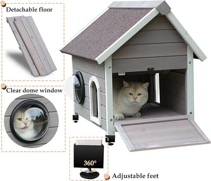 Rockever Outdoor Cat House, Feral Cat House Outdoor Weatherproof with Escape Door and Clear Windows for 2 Cats (Grey)