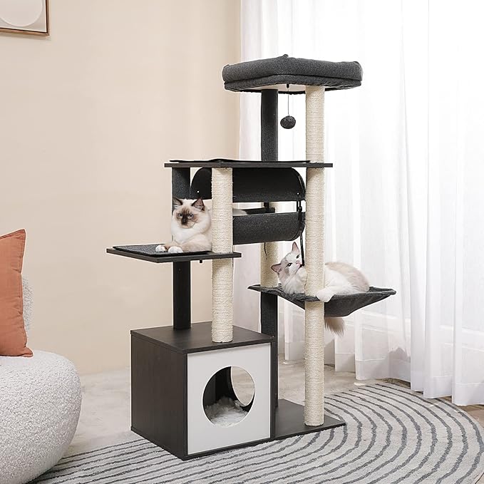 PEQULTI 51.4 Inches Modern Cat Tree Premium 6 Levels Wooden Cat Tower with Fully Sisal Covered Scratching Posts, Cozy Condo, Spacious Perch, Super Large Hammock and Swing Tunnel for Indoor Cats Gray