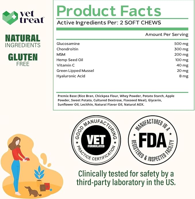 Vet TREAT'S Glucosamine for Dogs – Hip & Joint Supplement with Chondroitin, MSM, Turmeric, Hemp Oil & Green Lipped Mussel – Arthritis Pain Relief, Mobility Support – Vet Formulated, USA – 120 Chews