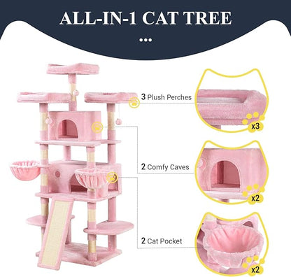 Allewie 68 Inches Cat Tree/House and Towers for Big Feline/Scratching Post/Multi-Level Large Kitty Climbing Tree with Condo/Pink