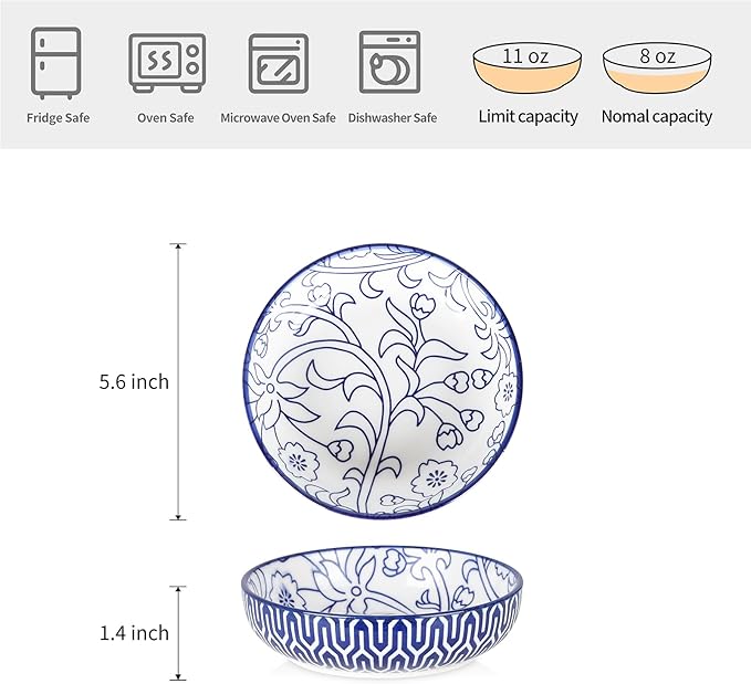 Selamica Ceramic Cat Food Bowl Set of 4, 5.6 Inch Wide Shallow Cat Bowls/Dishes for Food and Water, Vintage Blue