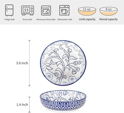 Selamica Ceramic Cat Food Bowl Set of 4, 5.6 Inch Wide Shallow Cat Bowls/Dishes for Food and Water, Vintage Blue