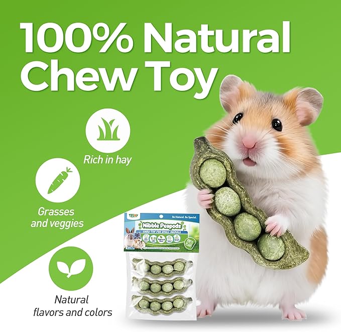 TEEWY 3PCS Guinea Pig Chew Toys, Prevent Teeth Overgrowth, Natural Vegetables and Timothy Grass, Hamster Chew Toys, Guinea Pig Toys, Chinchilla Toys, Peapod-Shaped