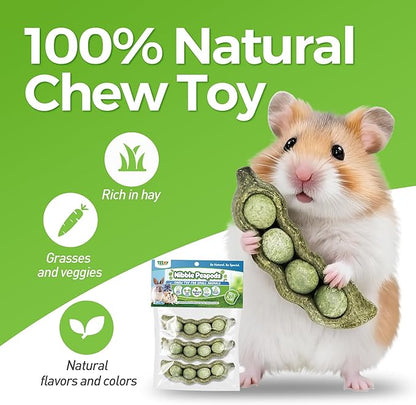 TEEWY 3PCS Guinea Pig Chew Toys, Prevent Teeth Overgrowth, Natural Vegetables and Timothy Grass, Hamster Chew Toys, Guinea Pig Toys, Chinchilla Toys, Peapod-Shaped