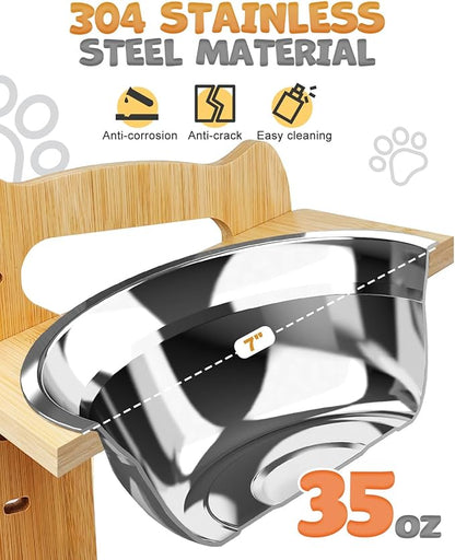 Elevated Dog Bowls, Adjustable Raised Dog Bowl Stand for Medium Size Dogs and Cats, Durable Bamboo Dogs Feeder with 2 Stainless Steel Bowls and Non-Slip Feet, Pet Food Bowl for Medium Sizes