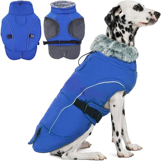 DENTRUN Extra Large Warm Dog Jacket - Windproof Water Repellent Reflective Coat, Adjustable Plush Turtleneck, Easy Wear Fleece Lined Cold Weather Vest for Great Dane, Blue, XXXL