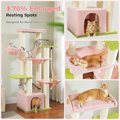 Pink 67" Heavy Duty Cat Tree for Indoor Cats Large Adult, XXL Cat Tower with 13 Thick Scratching Posts (φ4.3), Large Perch, Spacious Condo & Big Hammock - for Maine Coon up to 20 lbs