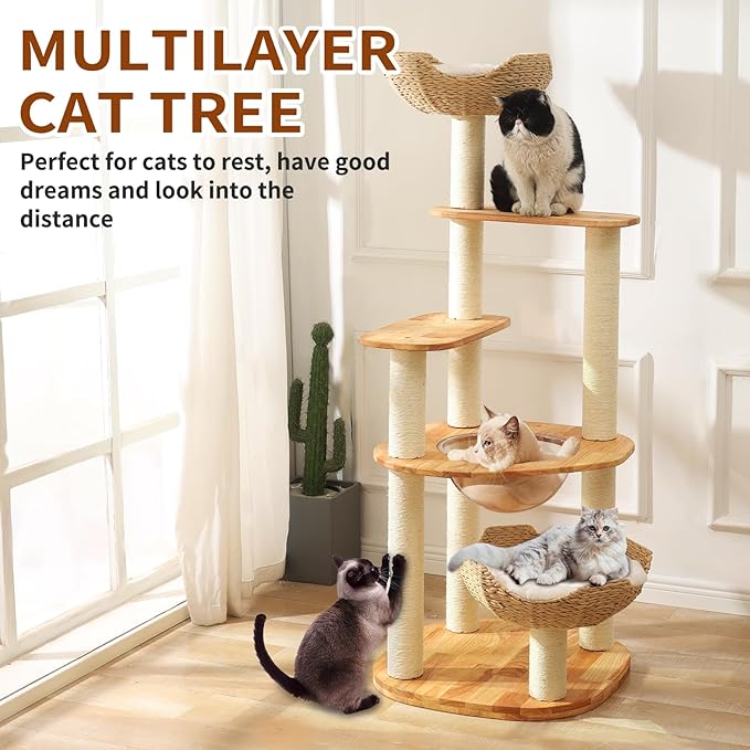 Large Cat Tree for Multiple Cats - Natural Wood Cat Tower with Extra Thick Scratching Posts, Modern Cat House & Condo | Unique Flower Perch Design, Sturdy Cat Furniture Supplies (61+in)