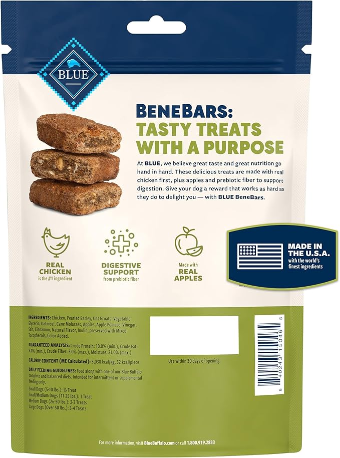 Blue Buffalo BeneBars Digestive Support Dog Treats with Prebiotic Fiber, Made with Natural Ingredients, USA Chicken & Apple, 9-oz Bag