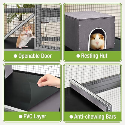 Large Ferret Cage, Chinchilla Cage with 5 Levels, Wooden Guinea Pig Cages with Wheels, Small Animal Cages with Ramp, Hideout, Pull Out Tray, for Rat, Hamster, Hedgehog