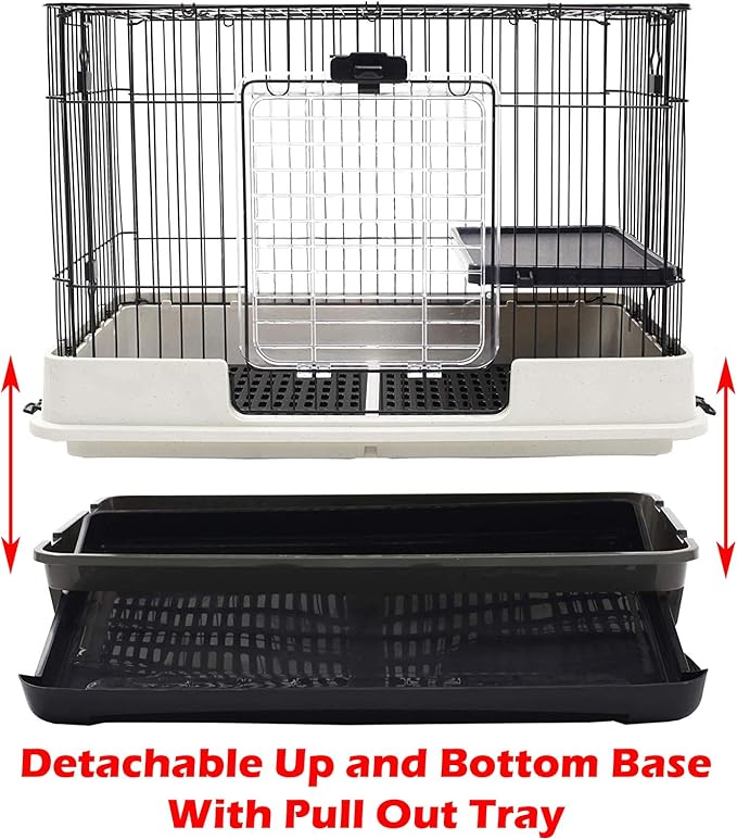 X-Large 32”L in/Outdoor Small Animal Rabbit Home Ferret Cage Bunny Hutch Adjustable Paw Safe Platform Ladder Raised Bottom Mesh Floor Easy Pull Out Washable Deep Tray Lockable Wheels