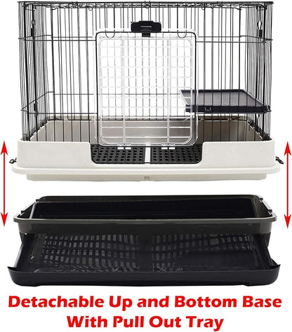 X-Large 32”L in/Outdoor Small Animal Rabbit Home Ferret Cage Bunny Hutch Adjustable Paw Safe Platform Ladder Raised Bottom Mesh Floor Easy Pull Out Washable Deep Tray Lockable Wheels