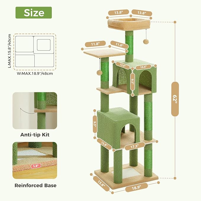 62" Cactus Cat Tree for Indoor Cats, Multi-Level Cat Tower with 2 Spacious Condos, Dual Top Perches, Scratching Pad, 4 Scratching Posts, 2 Pompoms, Green
