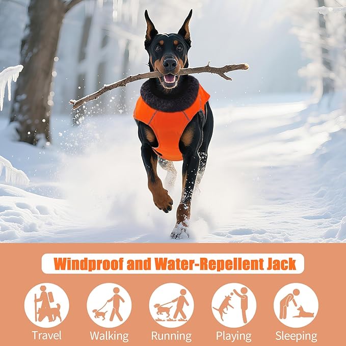DENTRUN Small Dog Winter Warm Coat - Windproof Cozy Jacket, Thick Fleece Vest with Adjustable Belt, Water Repellent, Reflective Dog Sweater for Yorkie Dachshund Wear, Orange, S