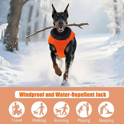DENTRUN Large Dog Winter Coat - Windproof Reflective Warm Coat, Adjustable Neck & Snap Closure, Water Repellent Thick Fleece Vest, Fleece Lined for for Golden Retriever, Orange, XL