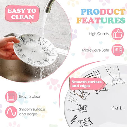 Irenare 10 Pcs Ceramic Cat Bowl 6 Inch Anti Whisker Fatigue Cat Plates Set Cute Shallow Pet Food Bowl Dishes for Food and Water, Kittens Small Animals(Cute Pattern)